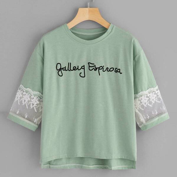 

Letter Embroidered Contrast Mesh Sleeve Tee