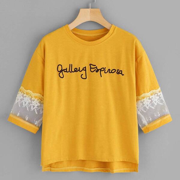 

Letter Embroidered Contrast Mesh Sleeve Tee