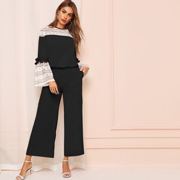 

Contrast Lace Flounce Sleeve Blouse & Wide Leg Pants