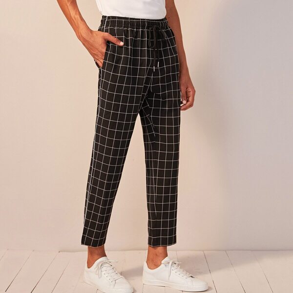 

Men Drawstring Waist Slant Pocket Grid Pants, Black