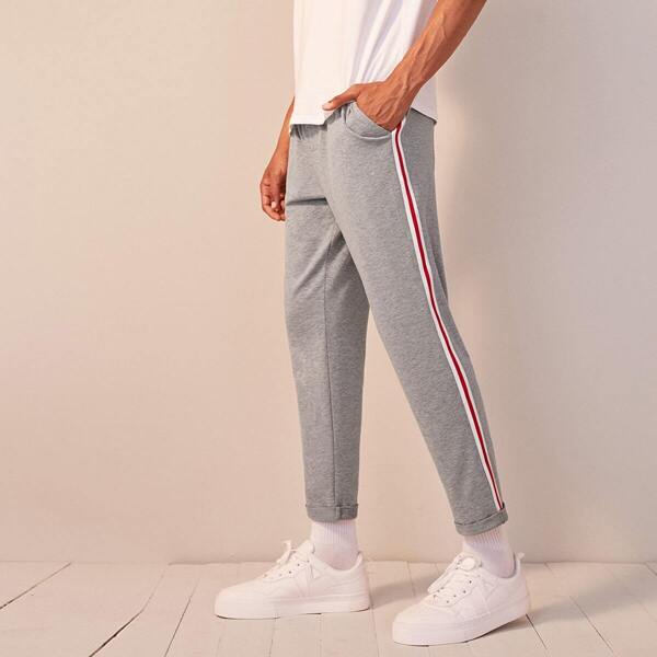 

Men Drawstring Waist Striped Tape Rolled Hem Pants, Grey