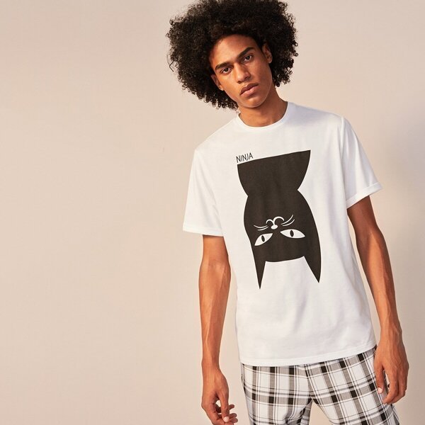 

Men Letter and Cat Print Tee