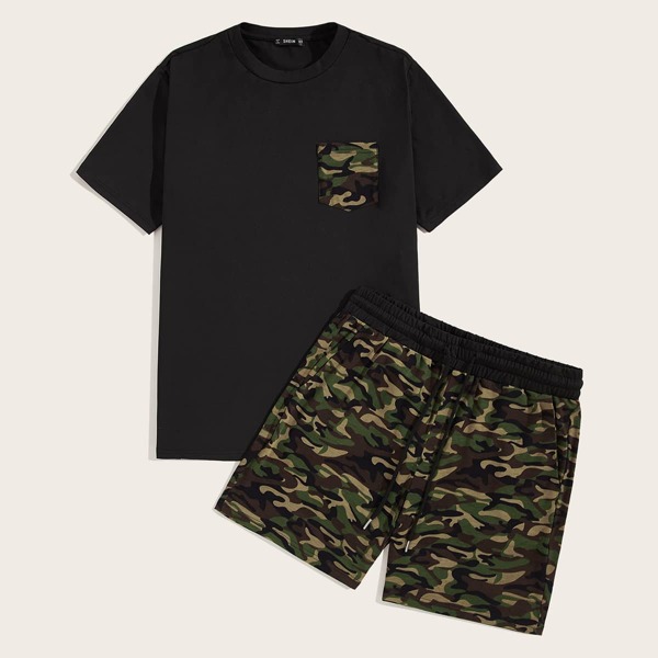 

Men Camo Pocket Patched Tee & Drawstring Waist Shorts Set, Multicolor