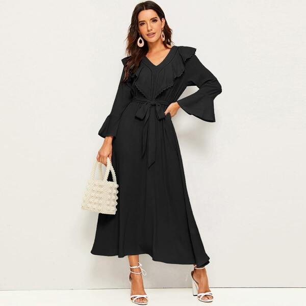 Lace Trim Ruffle Trim Bell Sleeve Belted Dress, Black