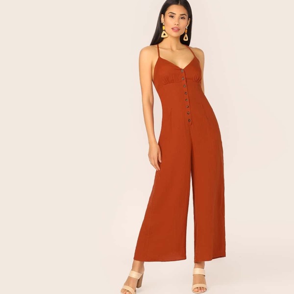 

Crisscross Back Buttoned Front Wide Leg Jumpsuit, Red