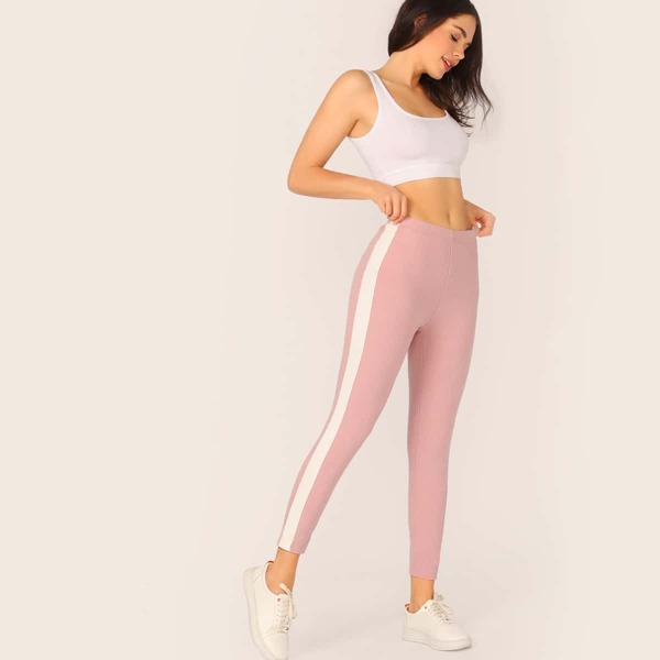 Contrast Side Skinny Leggings, Pink