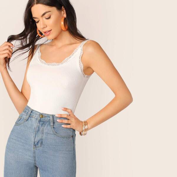 

Lace Trim Rib-knit Solid Top, White