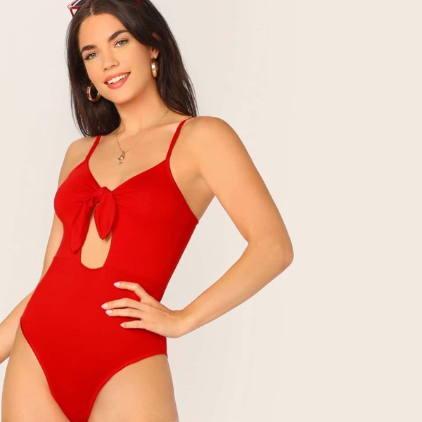 

Tie Front Peekaboo Solid Cami Bodysuit