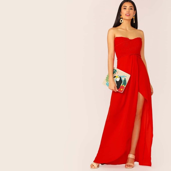 

Frill Trim Shirred Bodice Split Thigh Tube Dress, Red