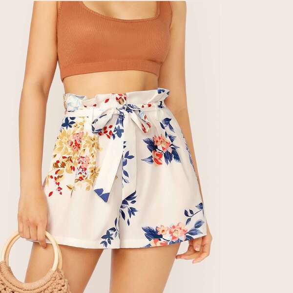 

Paperbag Waist Slant Pocket Floral Print Shorts, White