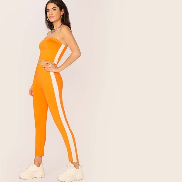 

Neon Orange Contrast Side Seam Bandeau & Leggings Set