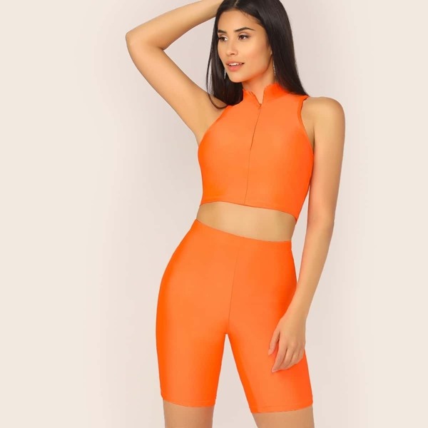 

Neon Orange Zip Front Tank Top & Cycling Shorts Set, Orange bright
