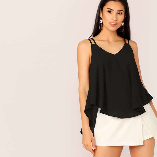 

Strappy Back Asymmetrical Hem Flowy Top, Black