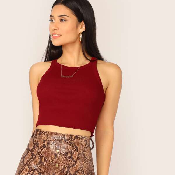 

Rib-Knit Lettuce Trim Solid Crop Top