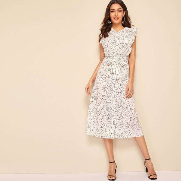 

Heart Print Ruffle Trim Belted Shirt Dress