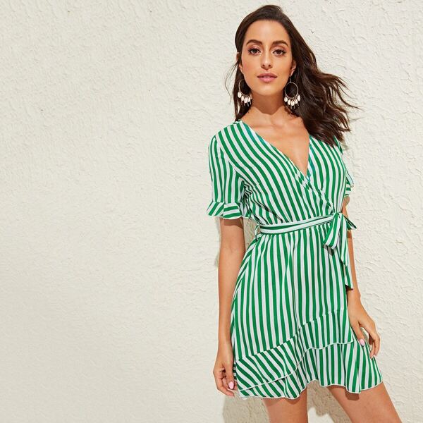 

Surplice Neck Layered Ruffle Hem Belted Stripe Dress, Green