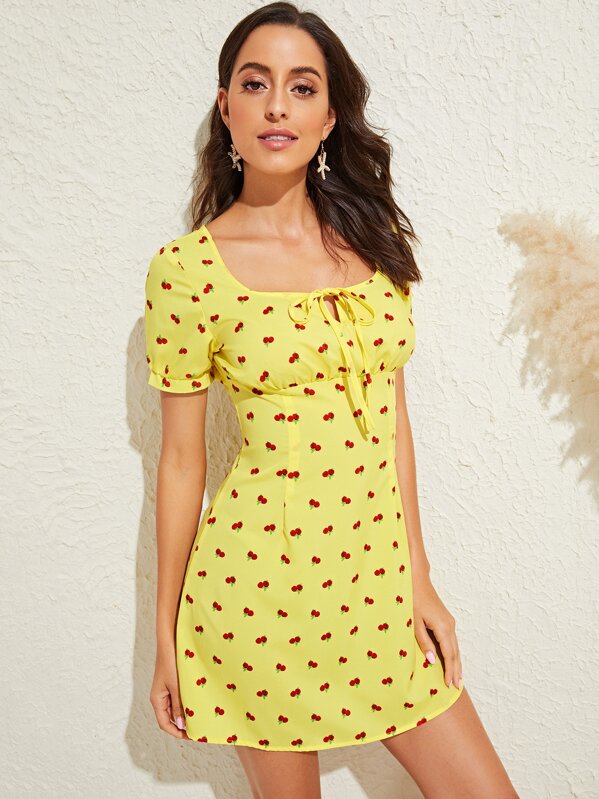 

Tie Neck High Waist Fruit Print Dress, Yellow, Mary P.