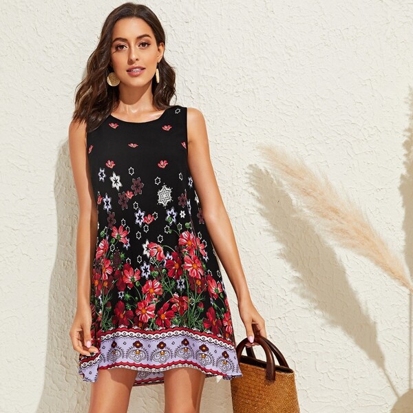 

Floral Print Sleeveless Swing Dress, Multicolor