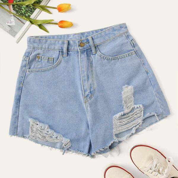 

Ripped Detail Bleach Wash Denim Shorts