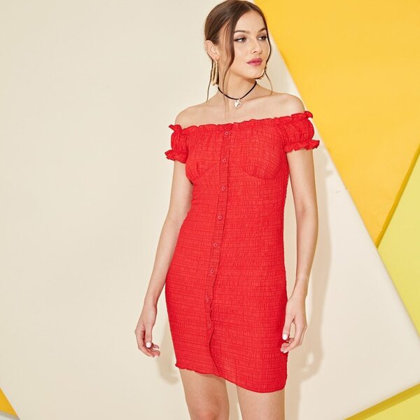 

Off Shoulder Frilled Trim Button Front Shirred Dress, Red