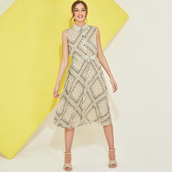 

Paisley Print Belted Shirt Dress, Beige