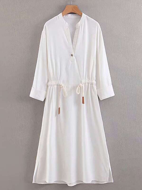 

Drawstring Waist Slit Hem Dress, White