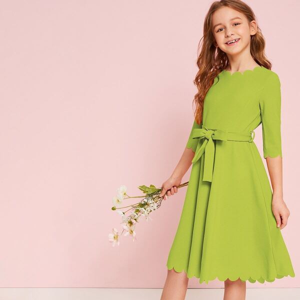 

Girls Neon Lime Scallop Trim Belted Dress, Green bright