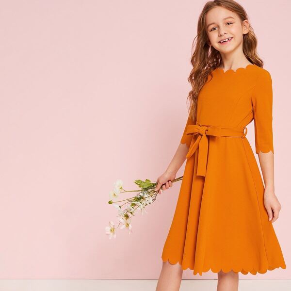 

Girls Neon Orange Scallop Trim Belted Dress