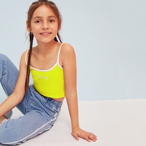 

Girls Neon Yellow Letter Embroidered Crop Cami Top