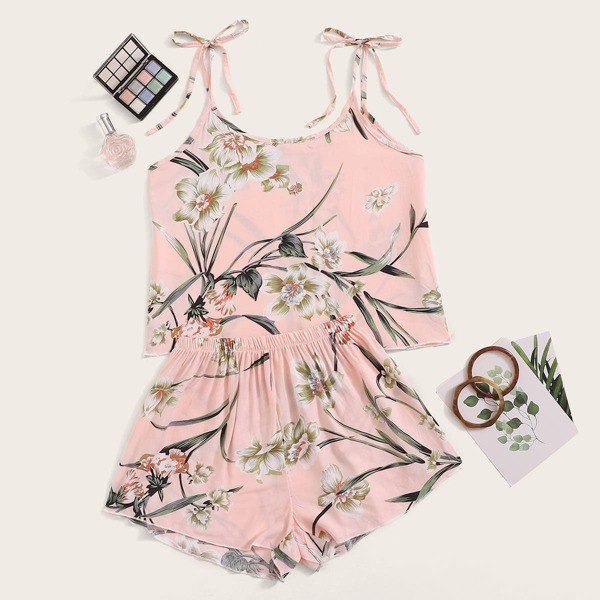 

Floral & Leaf Print Cami PJ Set, Pink