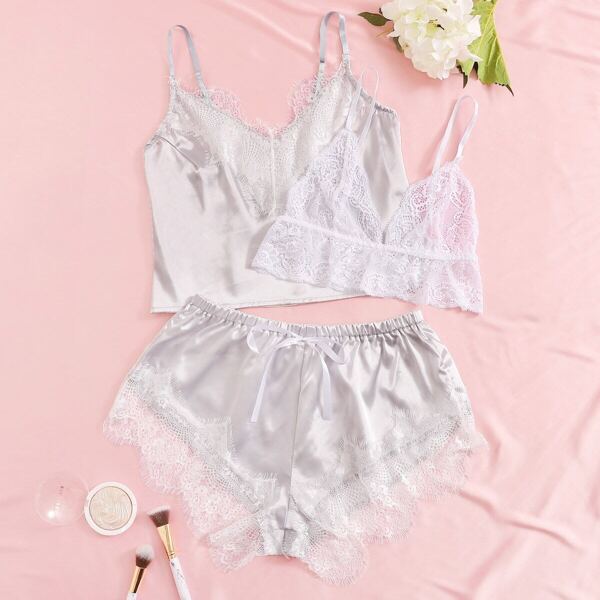 

Floral Lace Satin Lingerie Set 3pack