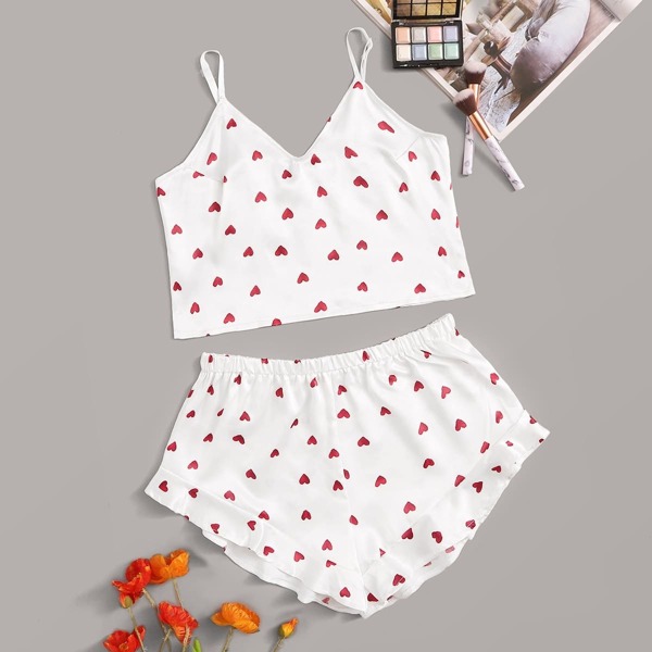 

Heart Print Satin Cami With Ruffle Shorts