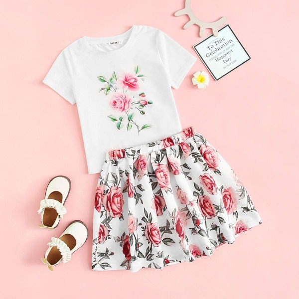 

Girls Floral Print Top & Skirt Set