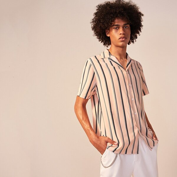 

Men Notch Collar Striped Shirt