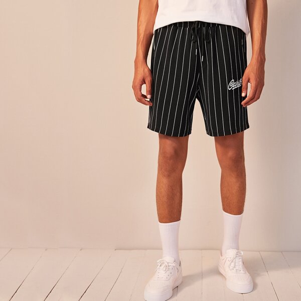 

Men Drawstring Waist Embroidered Striped Shorts, Black