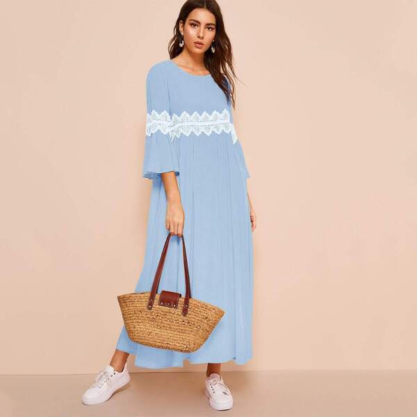 

Bell Sleeve Lace Trim Pleated Dress, Blue