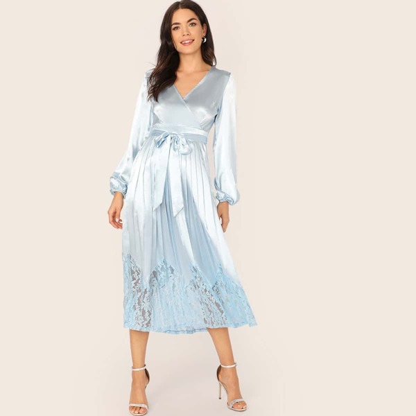 

Surplice Neck Lace Hem Pleated Belted Satin Hijab Dress, Blue pastel