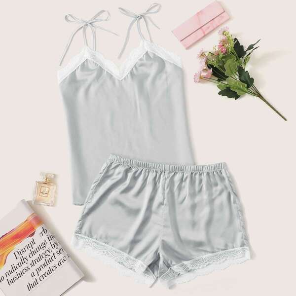 

Lace Trim Satin Cami Pajama Set