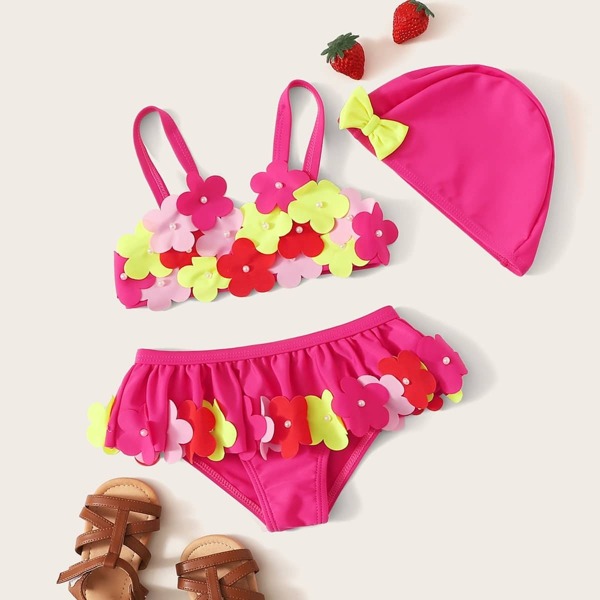 

Toddler Girls Appliques Ruffle Bikini Set With Hat