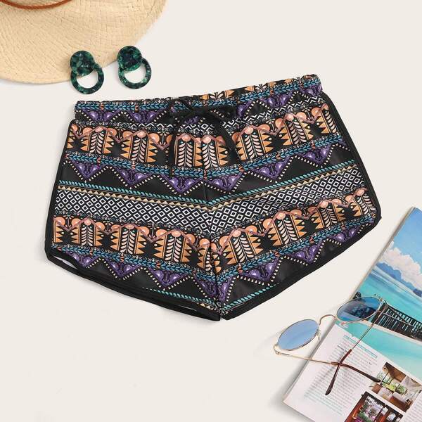 

Aztec Print Drawstring Beach Shorts, Multicolor