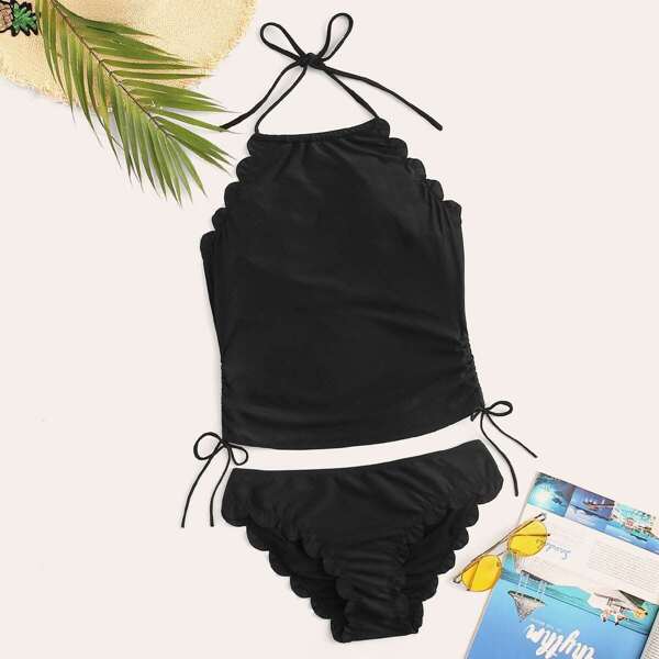 

Scallop Trim Drawstring Halter Tankini Set, Black