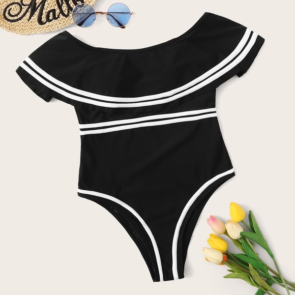 

Striped Trim Flounce Bardot One Piece Swimsuit