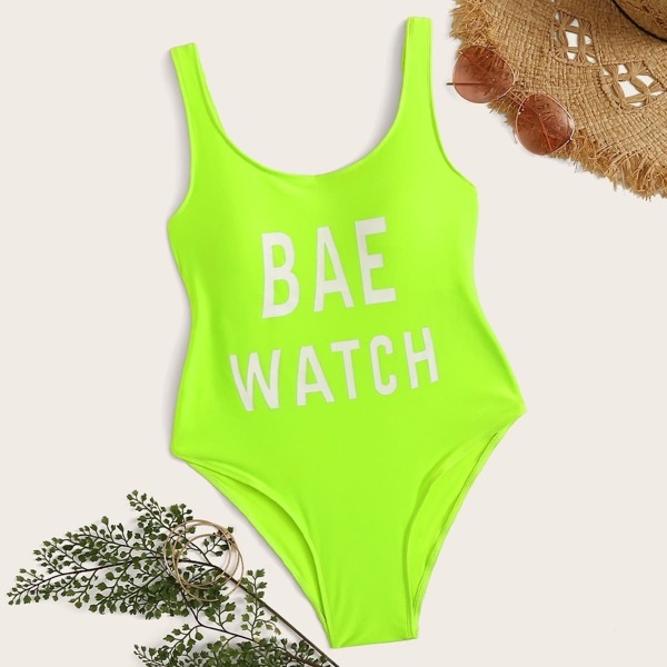 

Neon Lime Letter Print One Piece Swimsuit