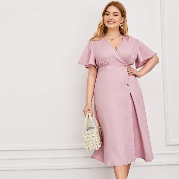 

Plus Flutter Sleeve Button Front Surplice Neck Dress