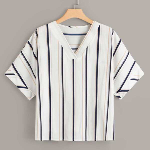 

Plus Striped V-neck Blouse, Multicolor