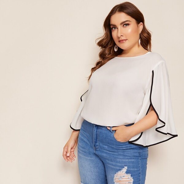 

Plus Contrast Trim Split Sleeve Blouse