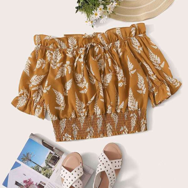 

Plus Leaf Print Shirred Knot Blouse