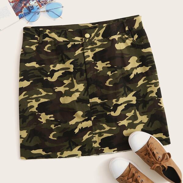 

Plus Camo Print Denim Skirt