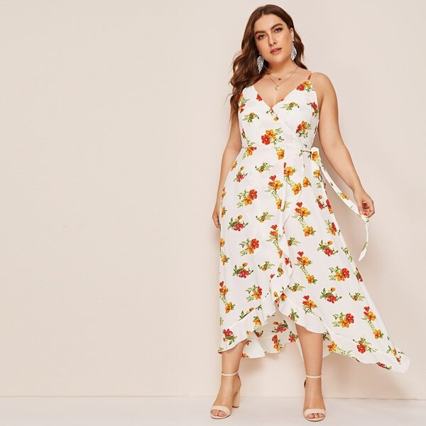 

Plus Floral Print Tulip Hem Cami Dress, White