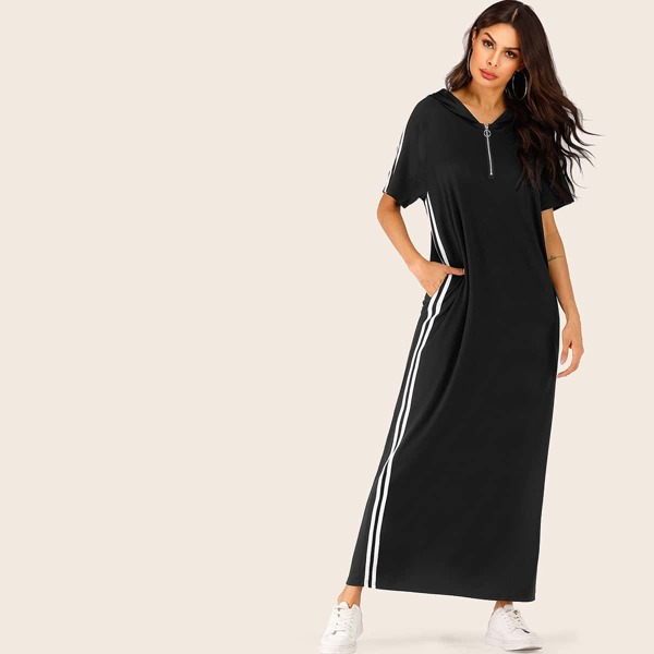 

Zipper Contrast Striped Maxi Hooded Dress